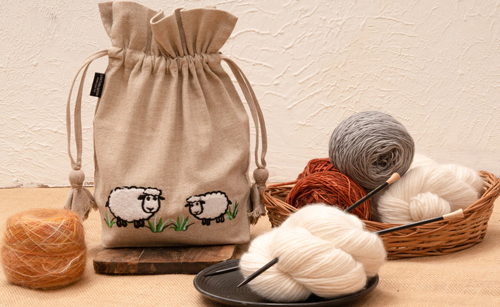 Meadow drawstring bag and Single pointed knitting needles by Lantern Moon